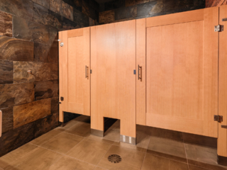 Earthy, urban bathroom features honey colored wood veneer partitions with two captured panel doors in floor mount style. Brick and slate walls.