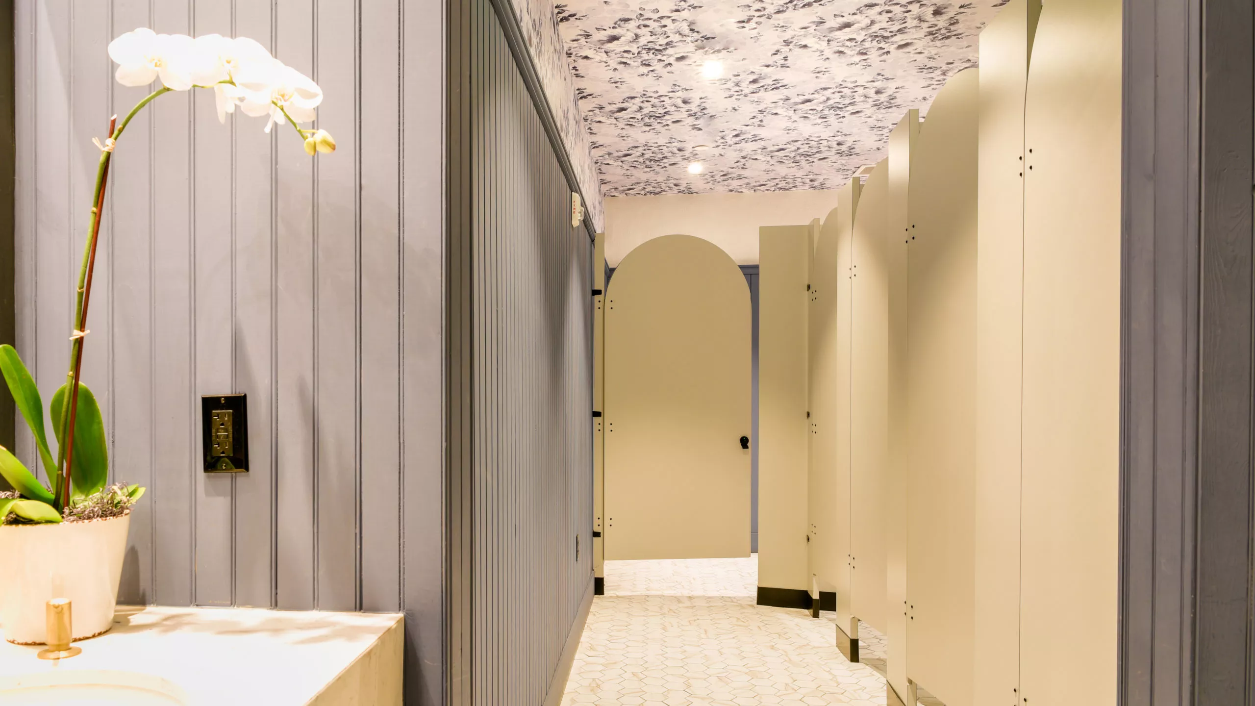 Public restroom with curved, custom shaped partitions made from plastic laminate with powder coated hardware and floor mounting. The ceiling is white and there is a flower on the left edge.