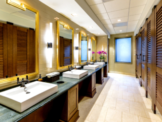 Upscale bathroom showing five, high privacy wood grain laminate partitions with louver doors opposite green marble vanity with white raised sinks.