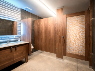 Dark rich wood veneer bathroom partition and acrylic insert door showing stray crossing gold lines and corrugated metal backsplash and cabinet vanity.