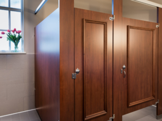 Beautiful, wood grain plastic laminate partitions with two doors featuring picture frame molding. Pink tulips on window sill in country club bathroom.