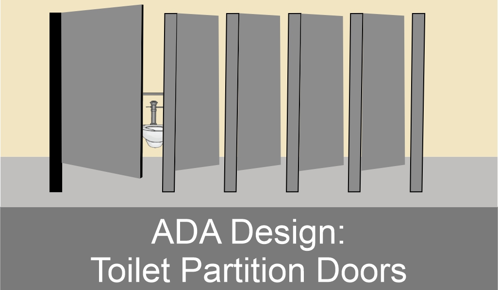 Illustration of ADA design toilet partition doors with varying heights and an accessible stall.