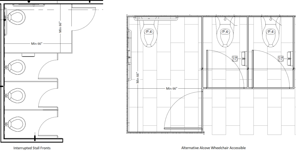 A layout of an all-gender bathroom with two toilets and two sinks.