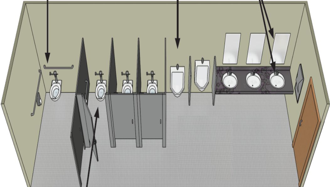 Rendering of bathroom layout with toilet partitions.
