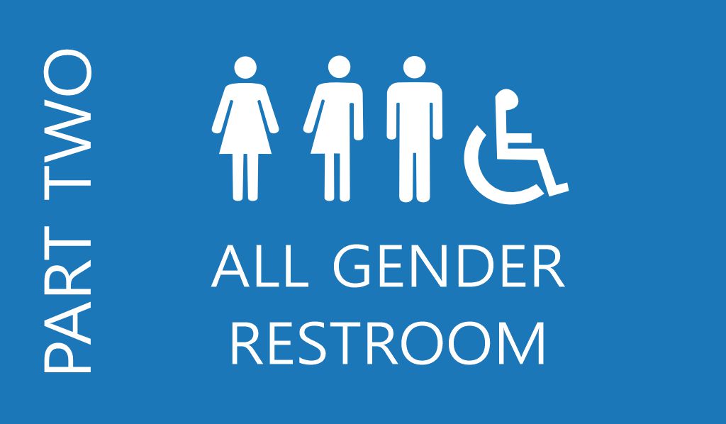 A blue background with all gender restroom text and symbols.
