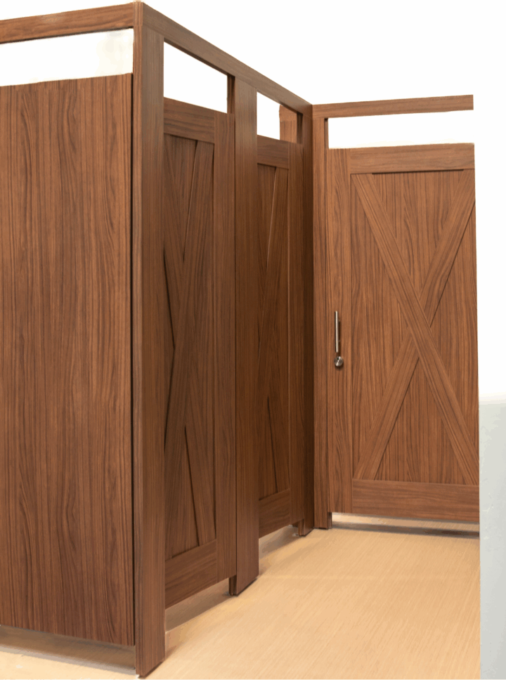 Studio view of Barn X restroom partitions with applied X-style moldings