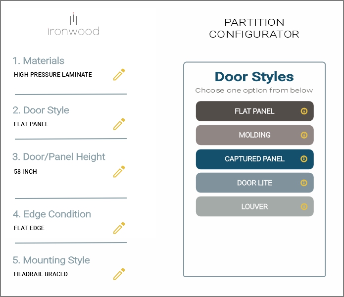 A screen displaying Ironwood manufacturing's toilet partition configurator tool., 