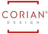 The Corian Design logo showcases the brand name in bold red letters, encased by a striking red rectangular outline, with "DESIGN" elegantly displayed in gray underneath.