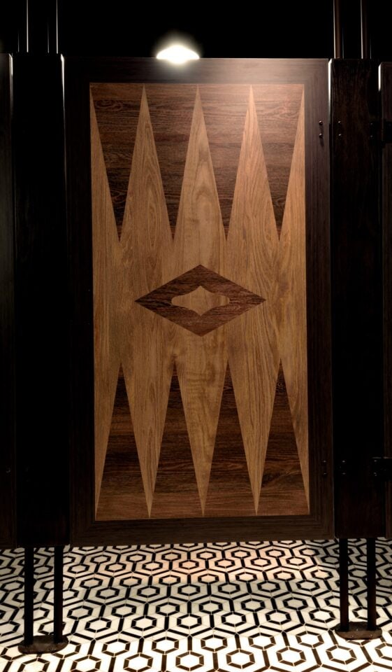 Custom laminate restroom partition door.