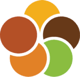 Four overlapping, multicolored semi-circles create an EOScu-inspired, symmetrical flower-like shape. The vibrant colors of yellow, brown, green, and orange bring it to life.