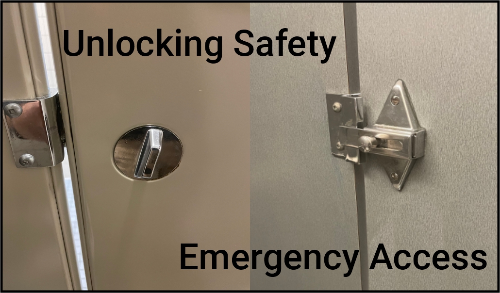 A picture of a bathroom stall door showing emergency access hardware.