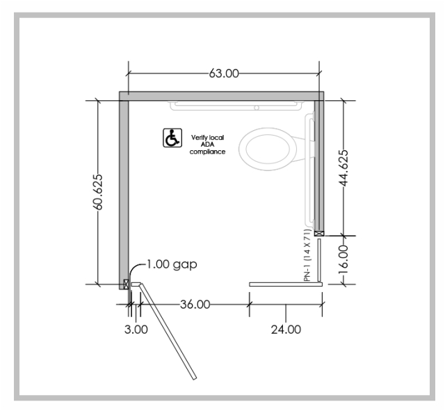 A drawing showing the dimensions of a small bathroom for the Ironwood project.