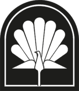 Black and white abstract peacock in an arched frame, with a stylized fanned tail reminiscent of Greenlam's elegant designs.