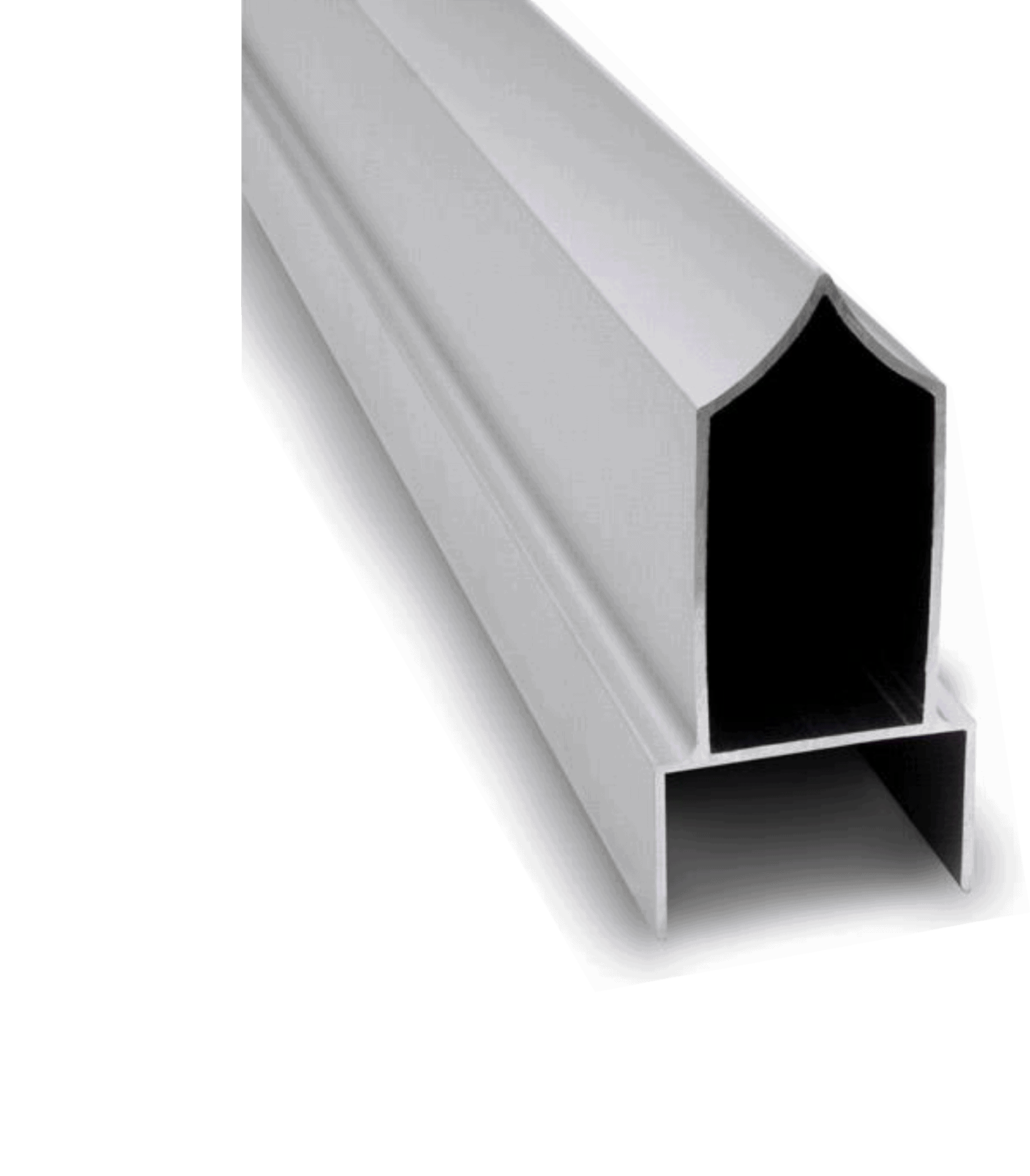 Close-up of a white, angular metal extrusion with a symmetrical, hollow interior.