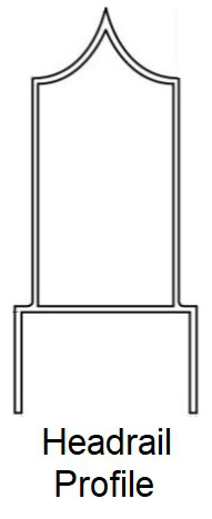 Drawing showing the profile of a headrail with a pointed top and straight sides. Caption reads "Headrail Profile".
