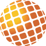 A spherical design with an orange and yellow gradient, composed of square tiles fading toward the edges, resembling a globe.