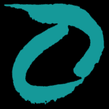 A teal, abstract, brushstroke-style spiral design reminiscent of an octopus's swirling tentacle on a black background.