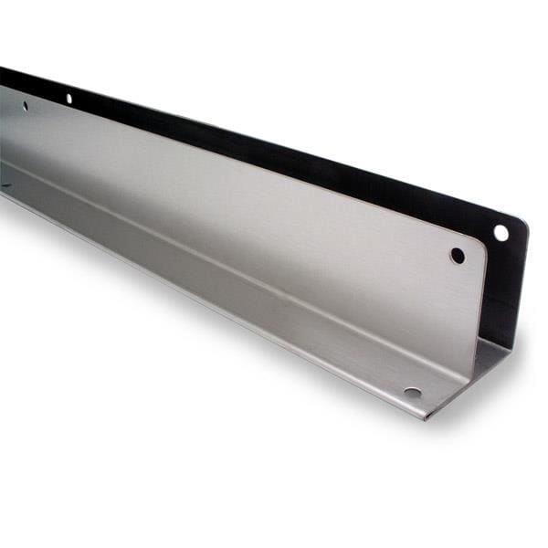 A stainless steel angle bracket with pre-drilled holes along its length.