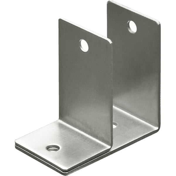 Metal L-bracket with two vertical mounting holes and one horizontal hole, designed for support and attachment to surfaces.
