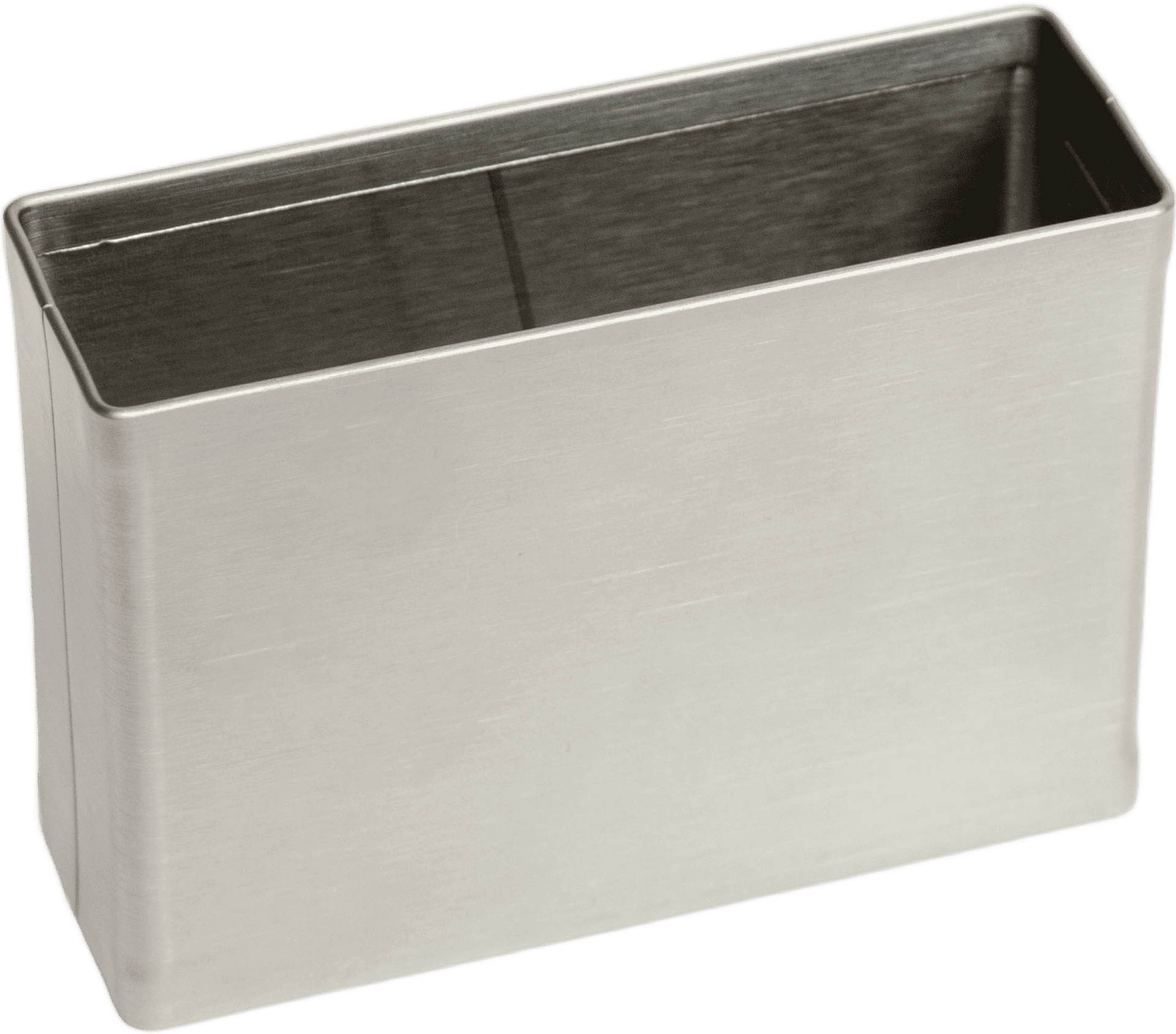 Rectangular metallic utensil holder with a brushed finish.