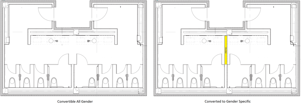 A floor plan of an all-gender bathroom with a yellow arrow pointing to a toilet.