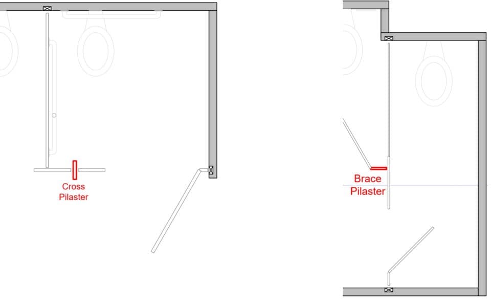 Drawings of restroom partitions illustrating cross pilasters and brace pilasters used to stabilize floor mount or ceiling hung mounting methods.
