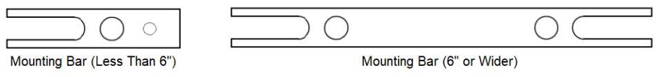 Two line drawings of mounting bars. Left: labeled "Mounting Bar (Less Than 6”)". Right: labeled "Mounting Bar (6” or Wider)".