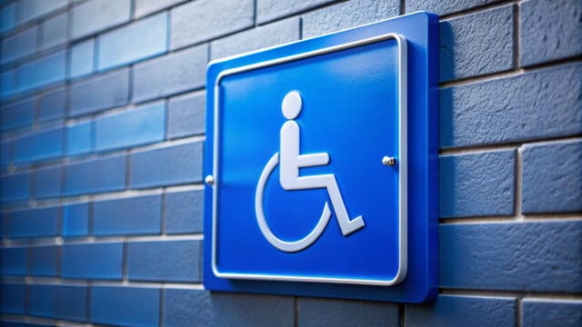 Bright blue handicap parking sign mounted on brick wall.