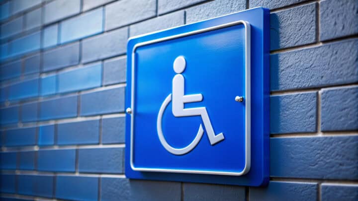 Bright blue handicap parking sign mounted on brick wall.