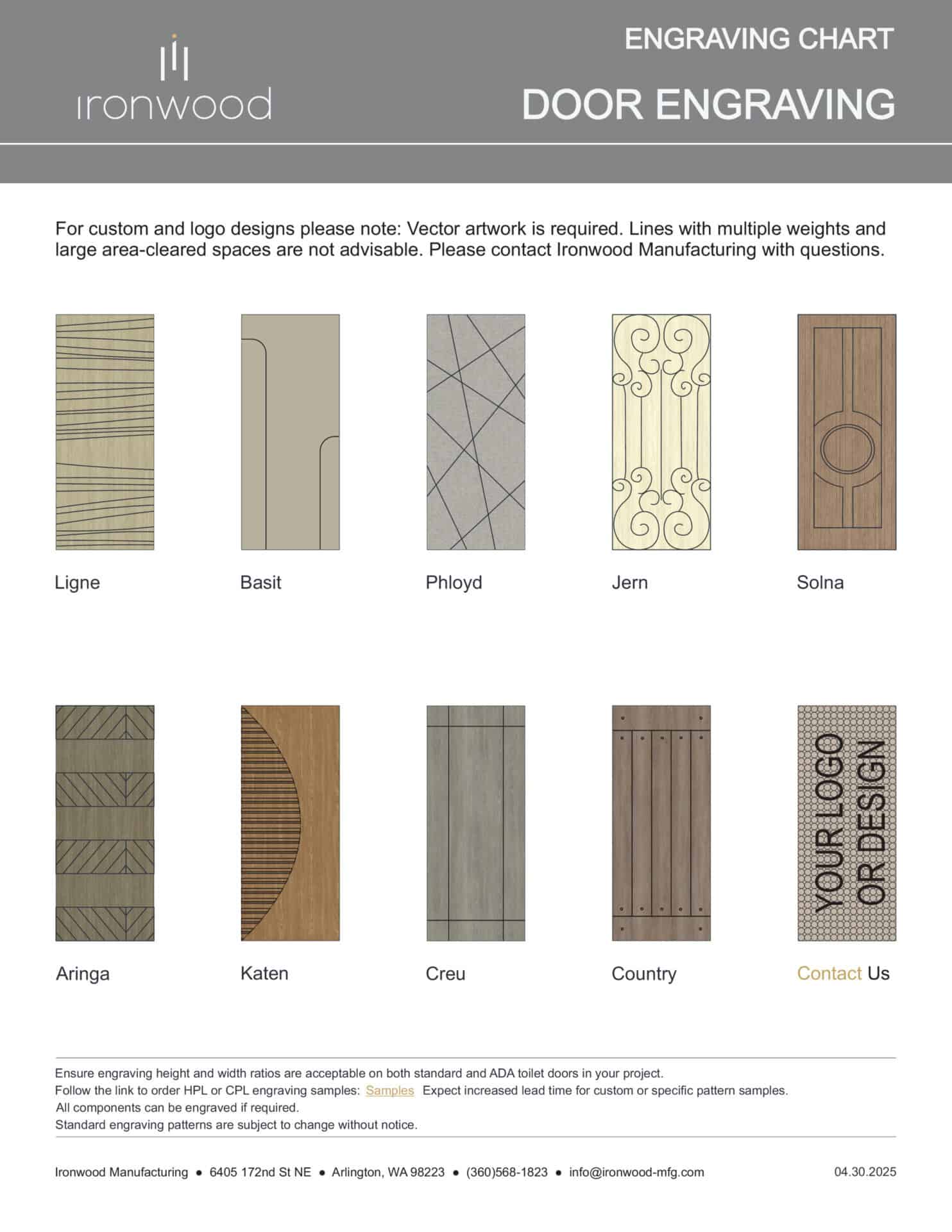 Chart displaying the various custom engraving options available for Ironwood Manufacturing's commercial toilet partition doors.