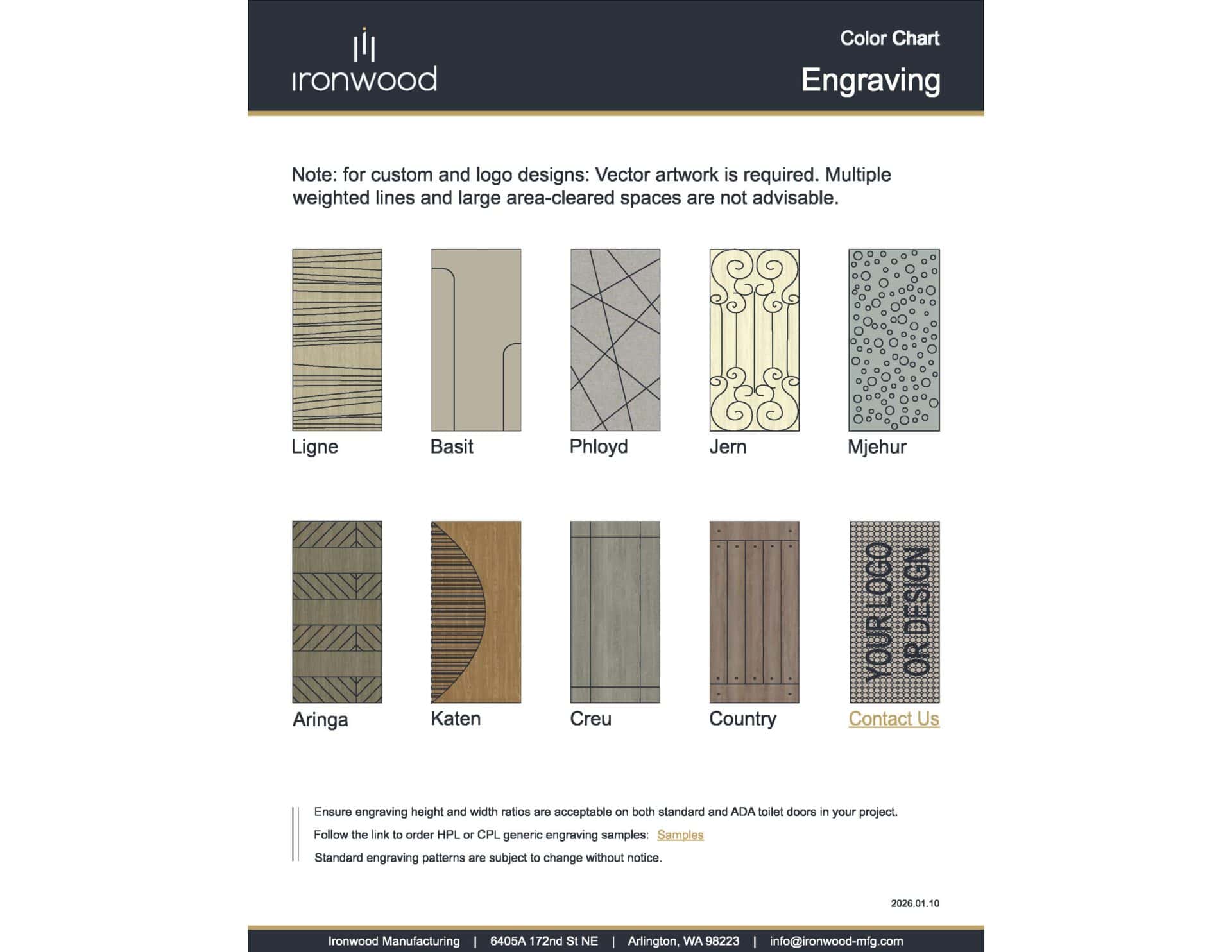 Chart displaying the various custom engraving options available for Ironwood Manufacturing's commercial toilet partition doors.