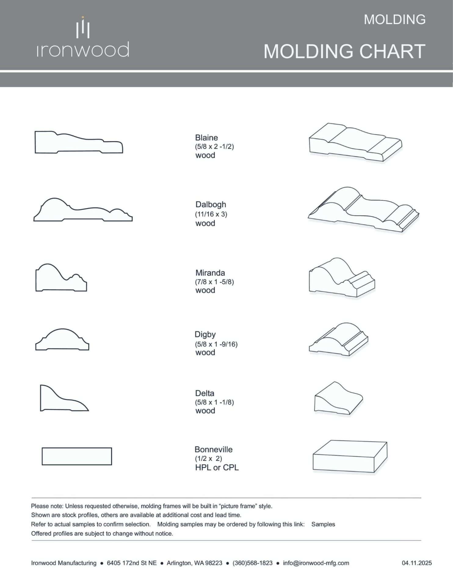 Color chart displaying various molding profiles and trim options available for Ironwood Manufacturing's commercial toilet partitions.