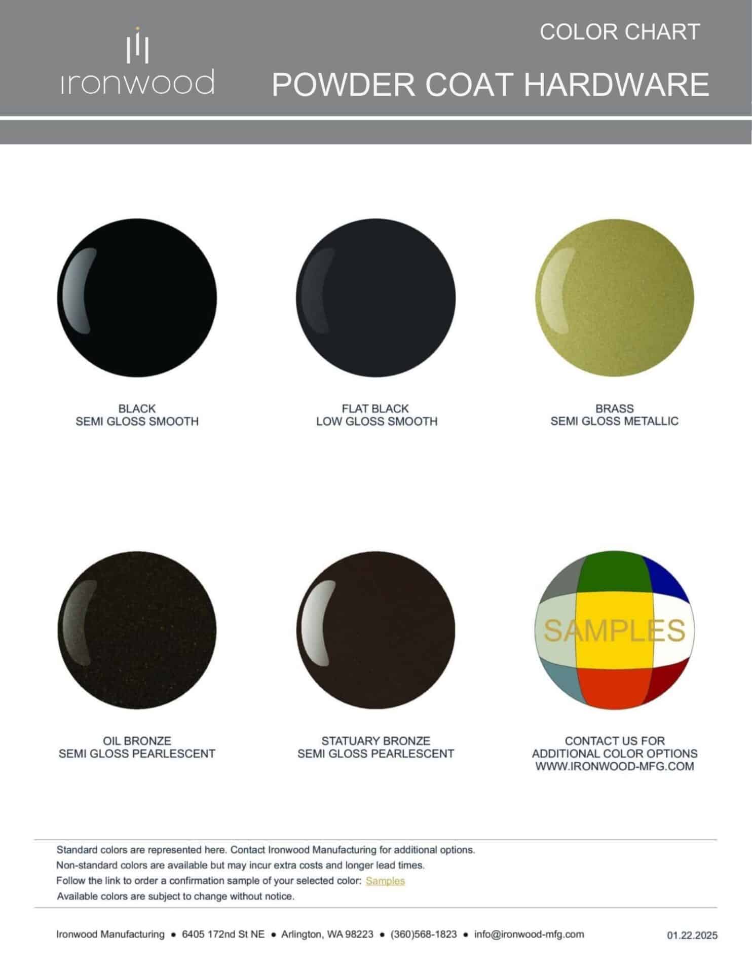 Color chart displaying the available powder coat finishes for Ironwood Manufacturing's toilet partition hardware, brackets, and accessories.