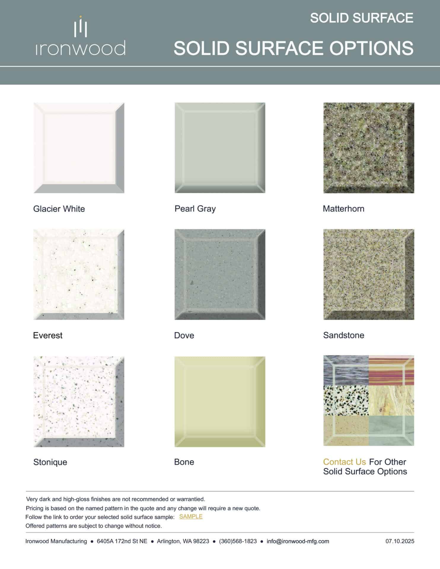 Color chart displaying the solid surface options and finishes available for Ironwood Manufacturing's commercial toilet partitions.