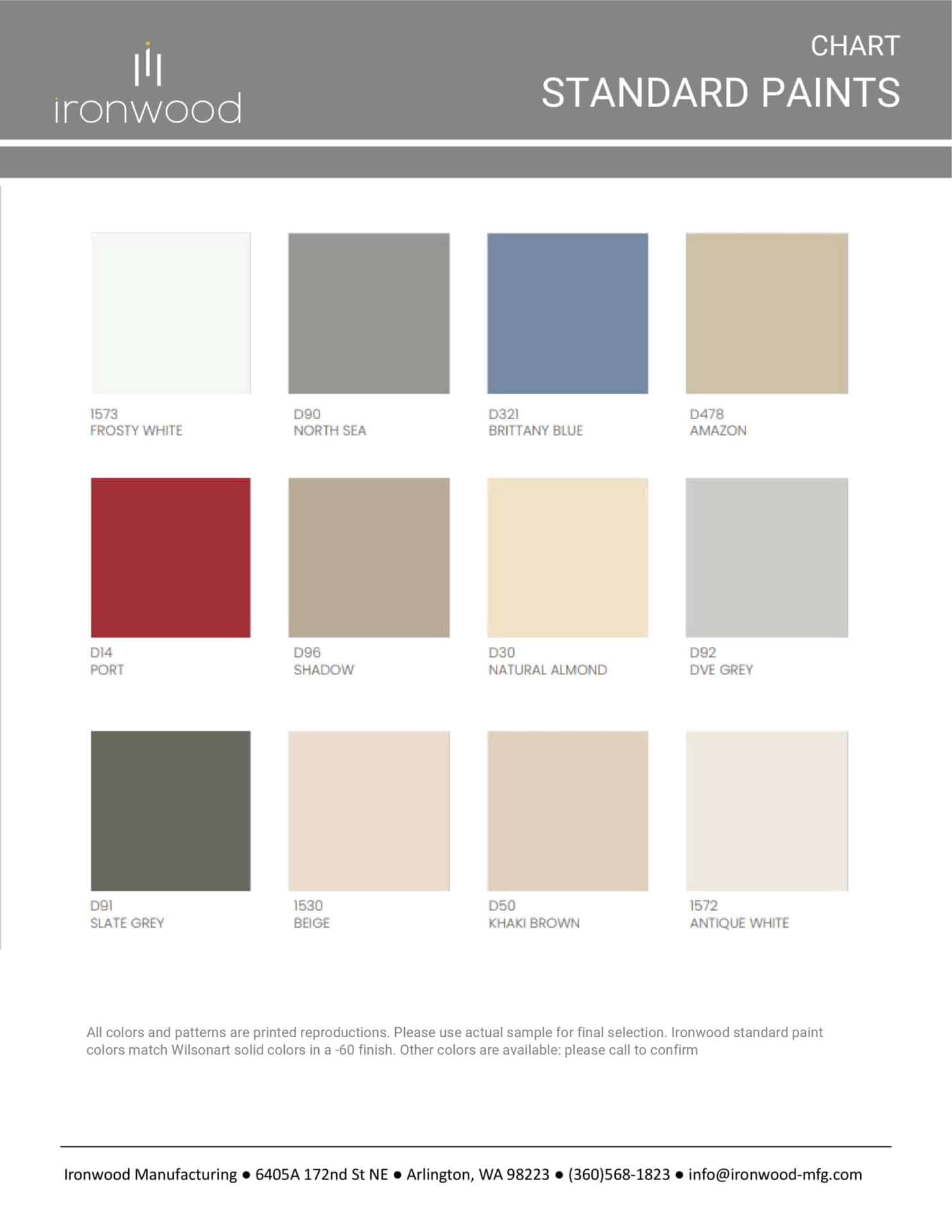Color chart displaying the standard paint and powder coat finishes available for Ironwood Manufacturing's toilet partition hardware and components.