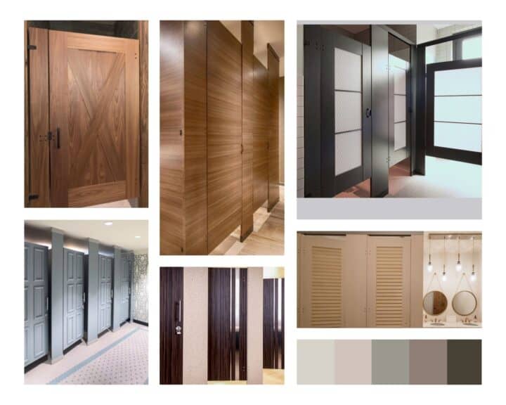 A collage of various restroom stall door designs in different wood and metal finishes, alongside a color palette of neutral shades for beautiful restroom and commercial restroom design inspiration.