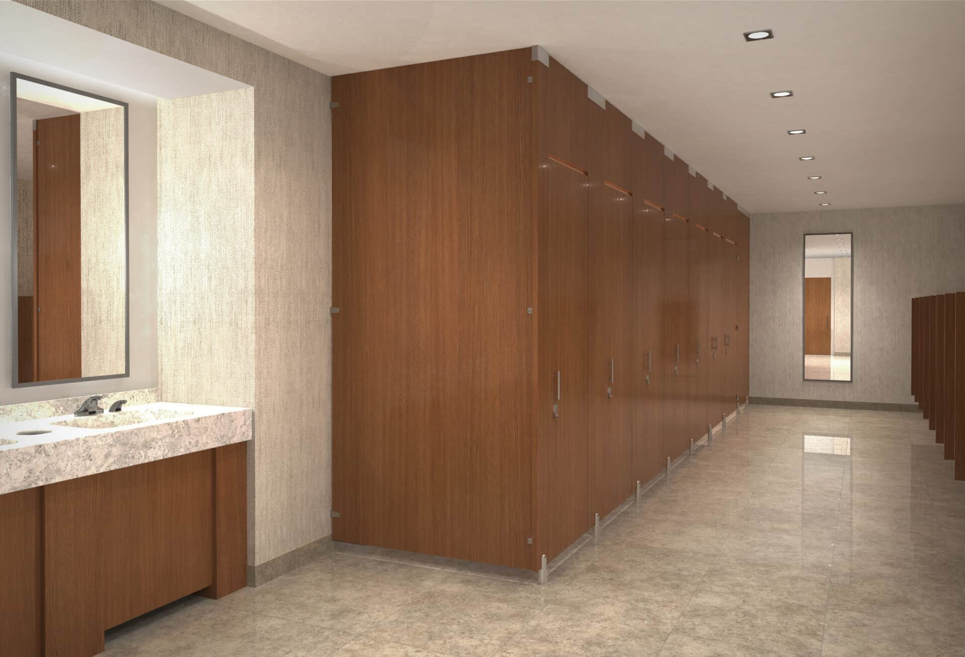 A row of high privacy toilet partitions from high pressure laminate with transoms and pedestals with flat panel doors.