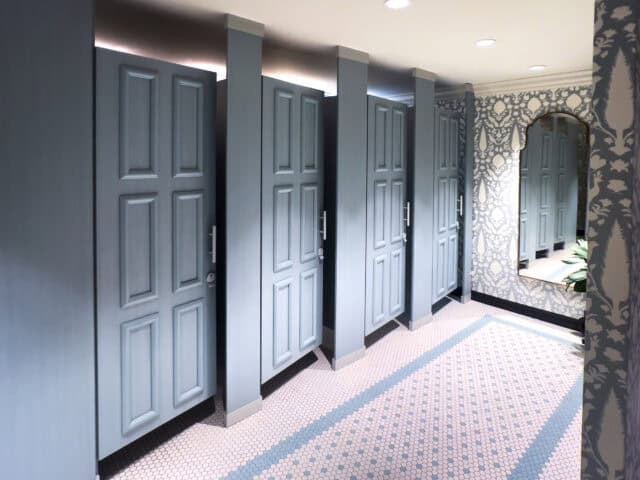 Floor To Ceiling toilet partitions in plastic laminate for a hospitality application.