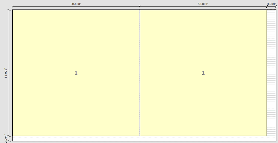 Floor plan showing two adjacent rectangular areas labeled "1," each 58 feet by 58 feet, with a narrow 3.5-foot-wide strip on the right side—ideal for integrating a budget-friendly restroom into your commercial restroom design.