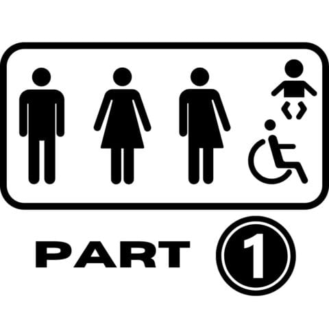 Icons representing male, female, gender neutral, baby, and person in wheelchair are thoughtfully arranged as part of an innovative bathroom design labeled "Part 1." This layout reflects a modern approach to partition layouts and promotes the concept of a gender-neutral bathroom.