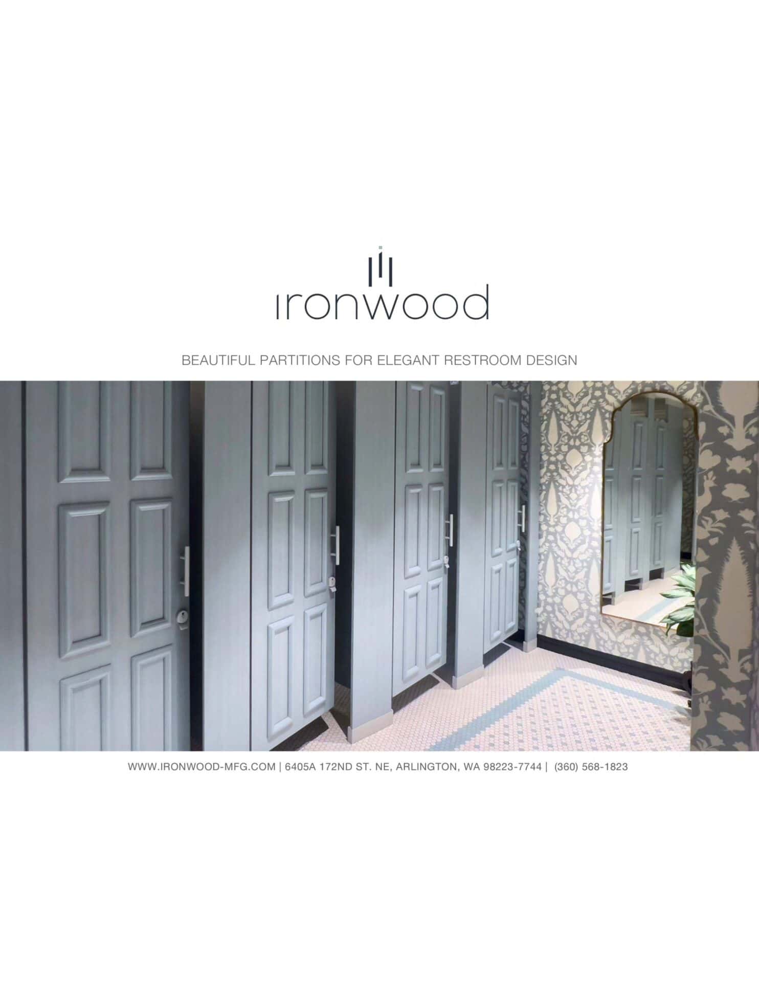 Cover image of the Ironwood Manufacturing full product catalog, showcasing a collage of commercial restroom partition styles and materials.