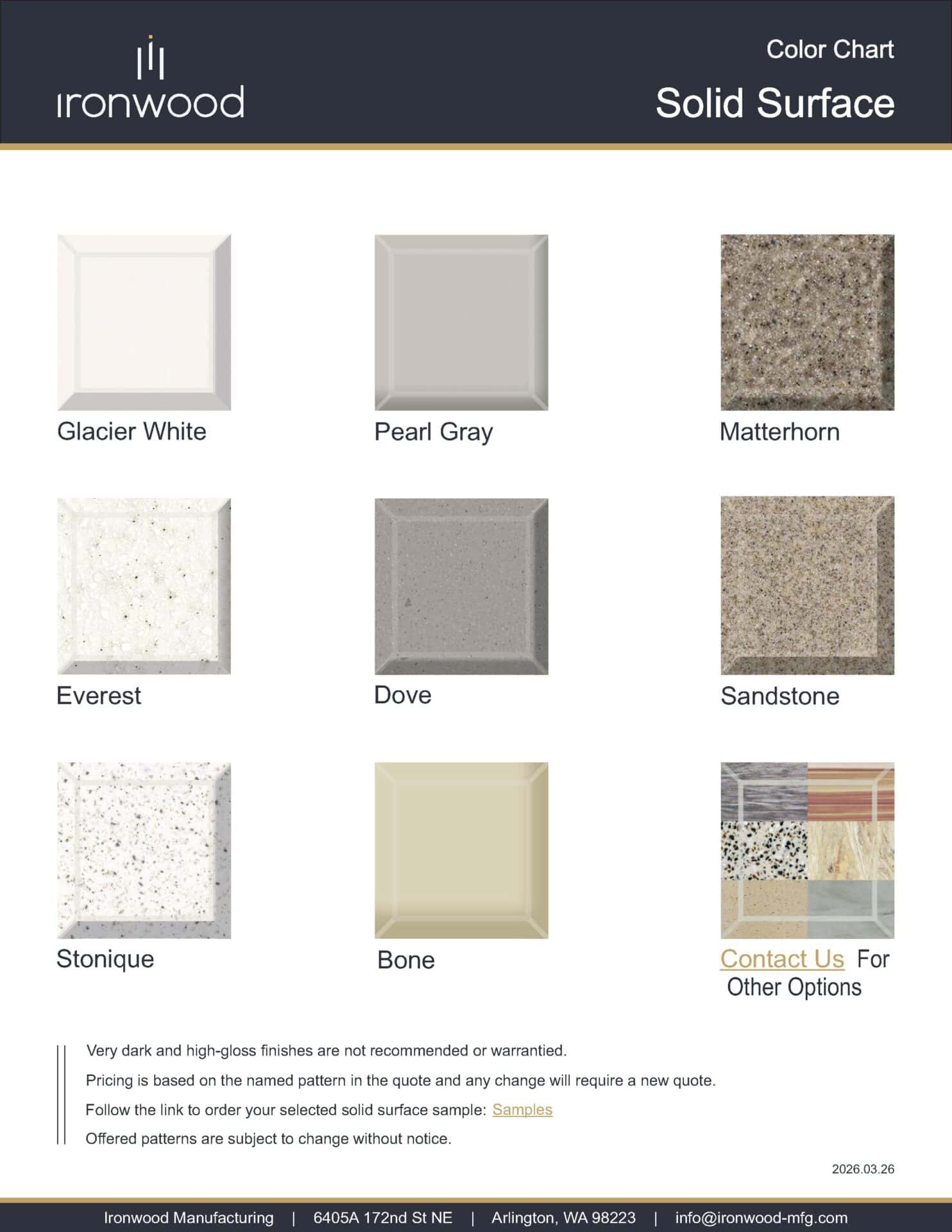 Color chart displaying the solid surface options and finishes available for Ironwood Manufacturing's commercial toilet partitions.