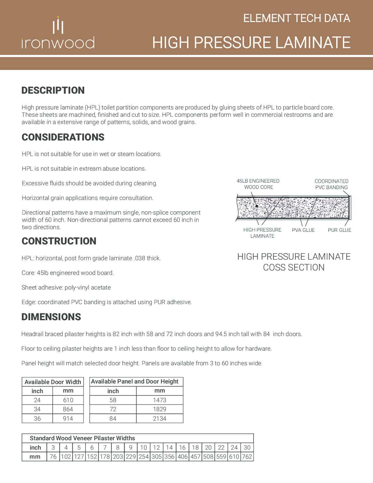 Cover image for the High Pressure Laminate technical data from Ironwood Manufacturing.