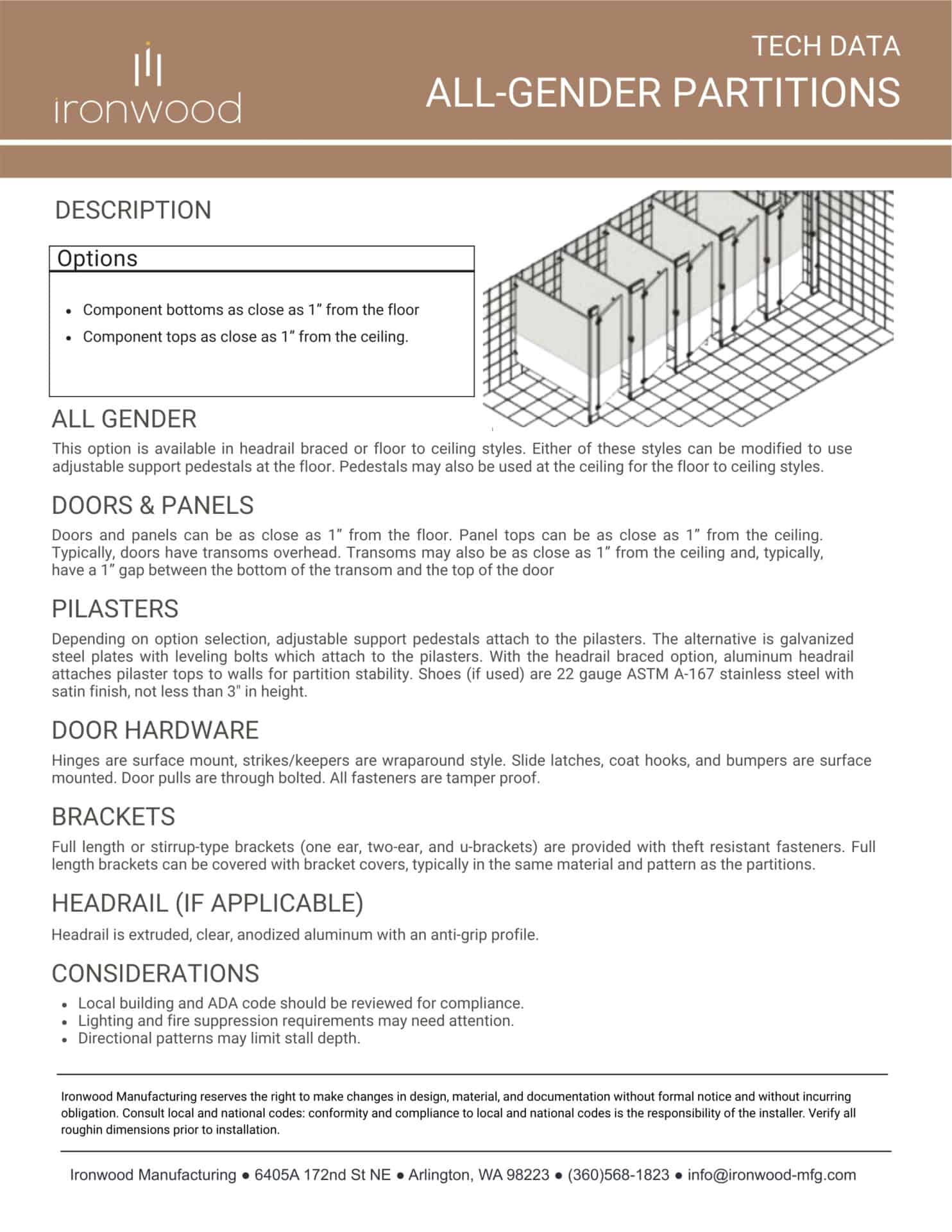 Technical data sheet from Ironwood Manufacturing detailing all-gender toilet partitions, focusing on privacy-enhancing designs like close-to-floor/ceiling options.