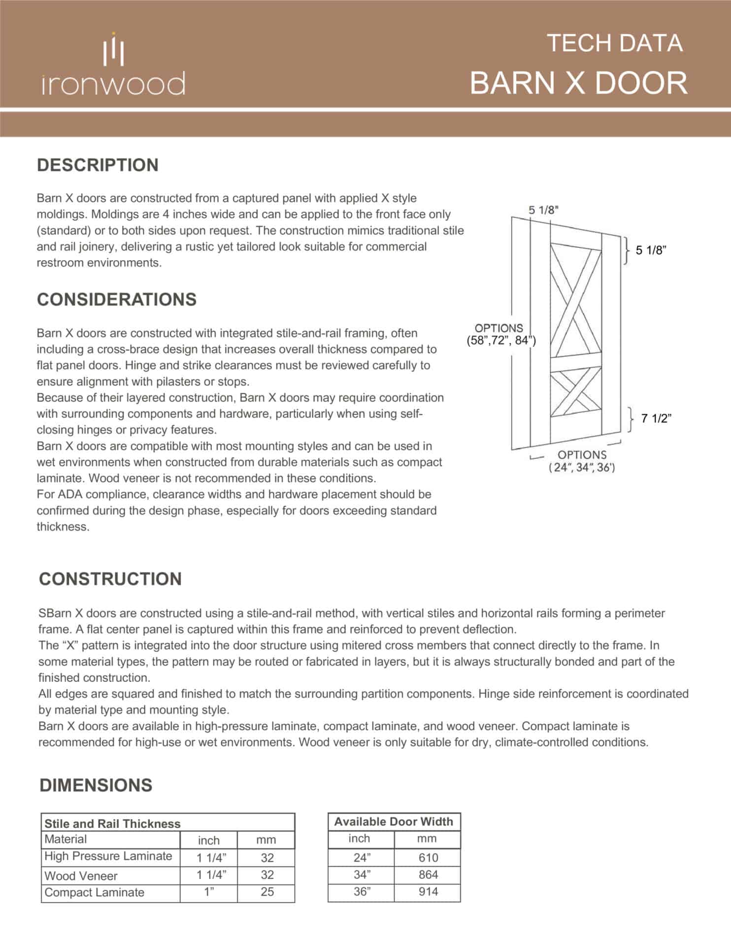 Technical data sheet from Ironwood Manufacturing for the Barn X Door, detailing construction, dimensions, and material options like HPL and compact laminate for commercial restroom partitions.
