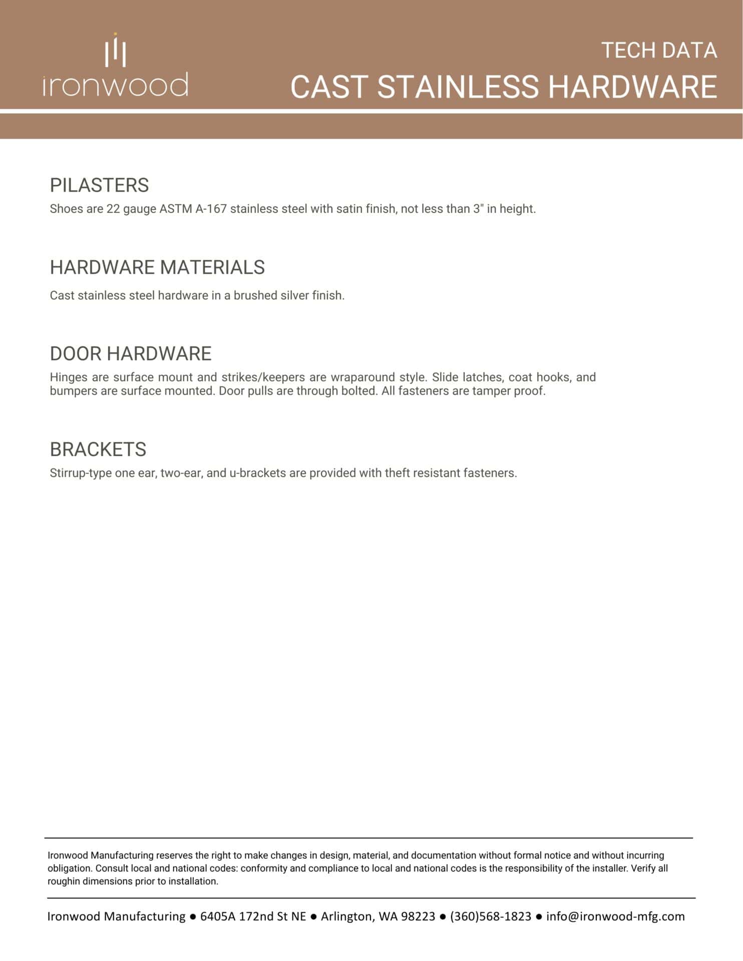 Technical data sheet from Ironwood Manufacturing detailing cast stainless steel hardware options for toilet partitions, including pilasters, door hardware, and theft-resistant brackets.
