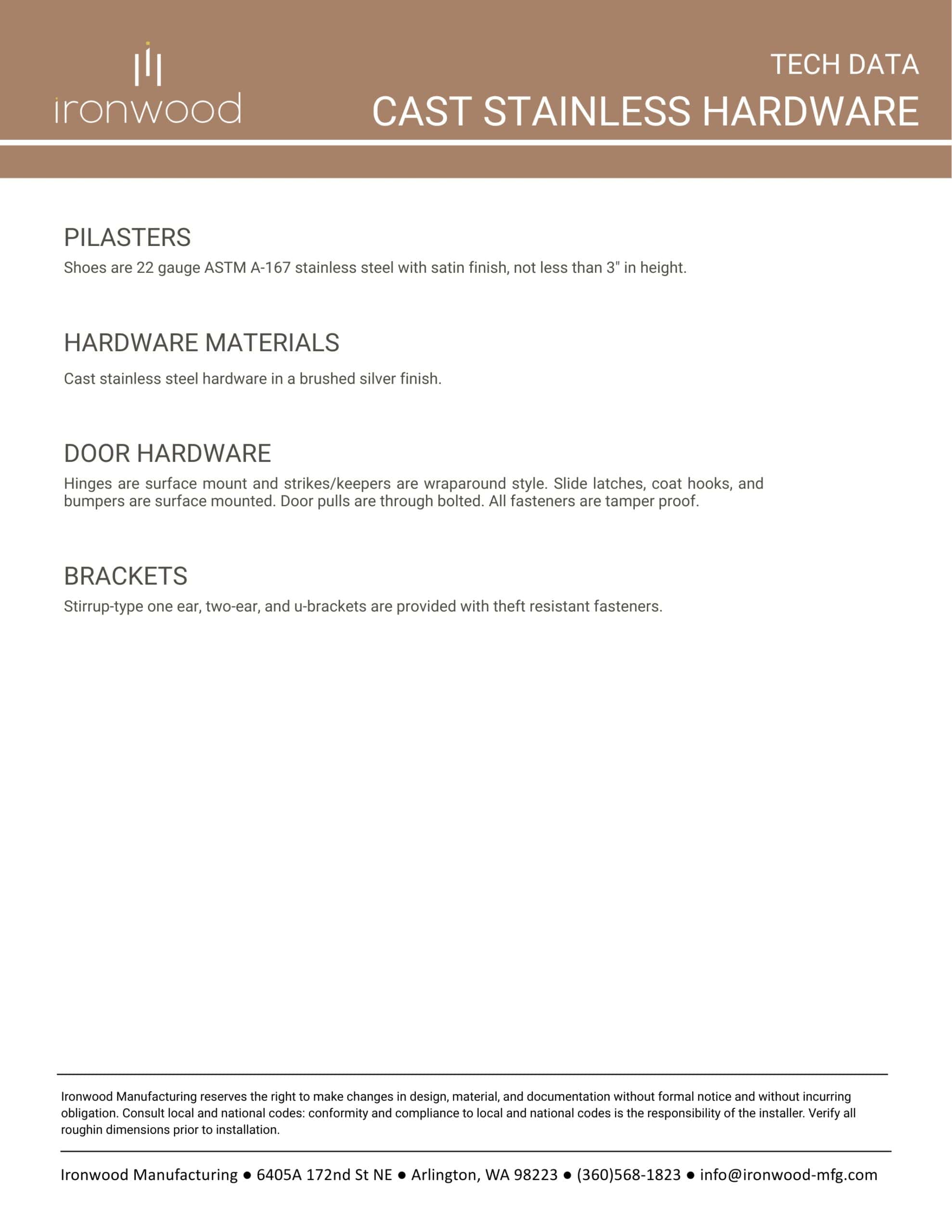Cast Stainless Steel Hardware (Technical Data) | Ironwood Manufacturing