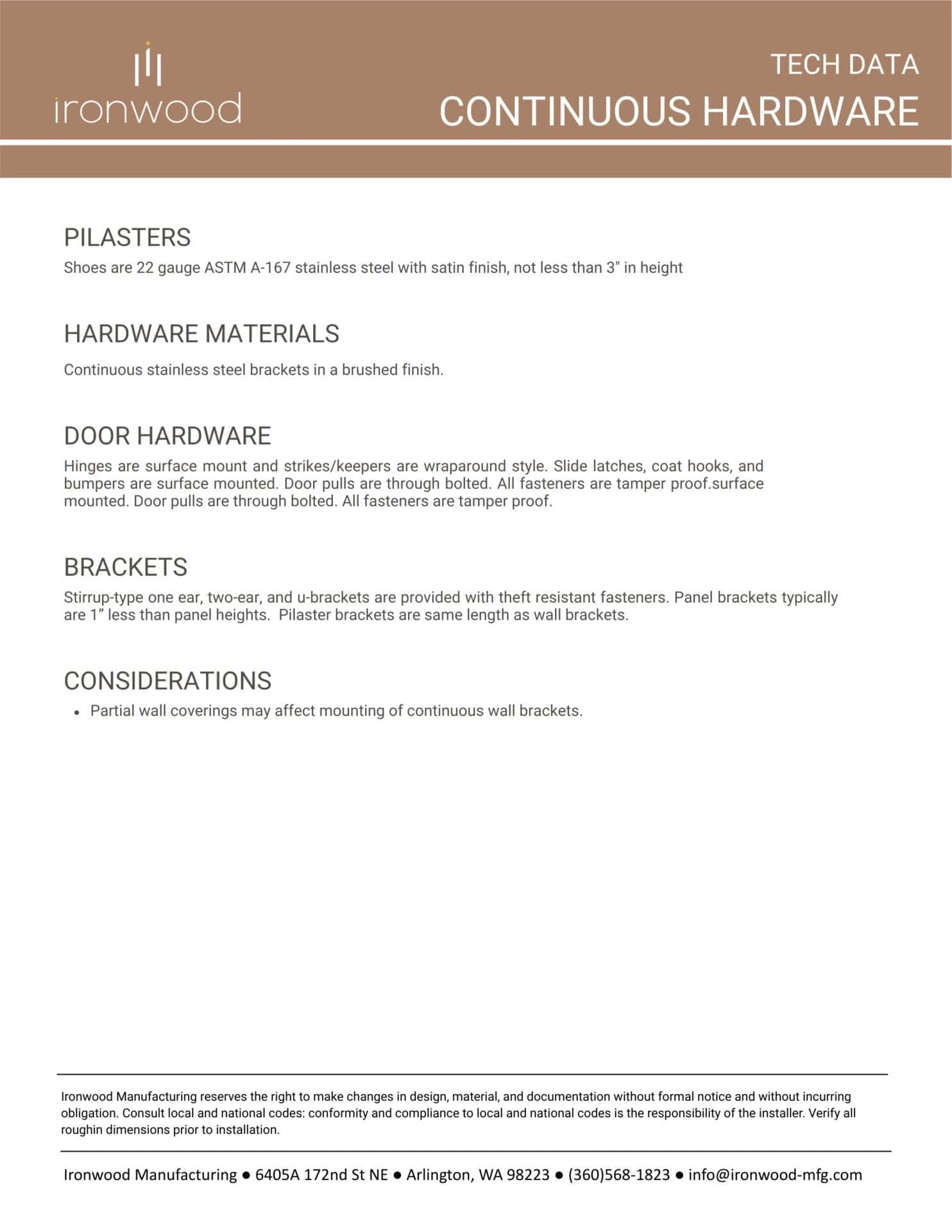 Technical data sheet from Ironwood Manufacturing detailing continuous hardware options for toilet partitions, including pilasters, door hardware, and secure brackets.