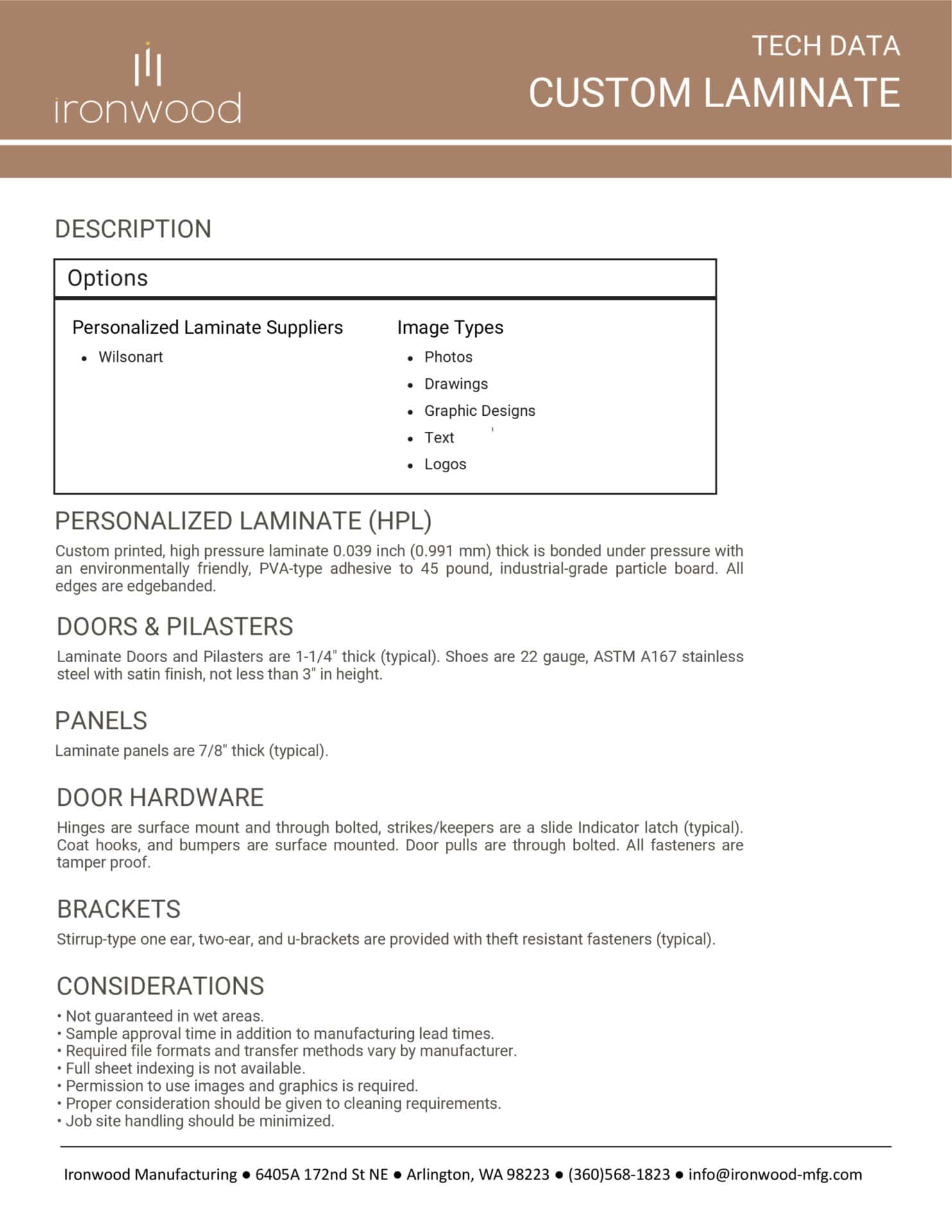 Technical data sheet from Ironwood Manufacturing detailing custom laminate options for toilet partitions, including personalized designs and HPL applications.