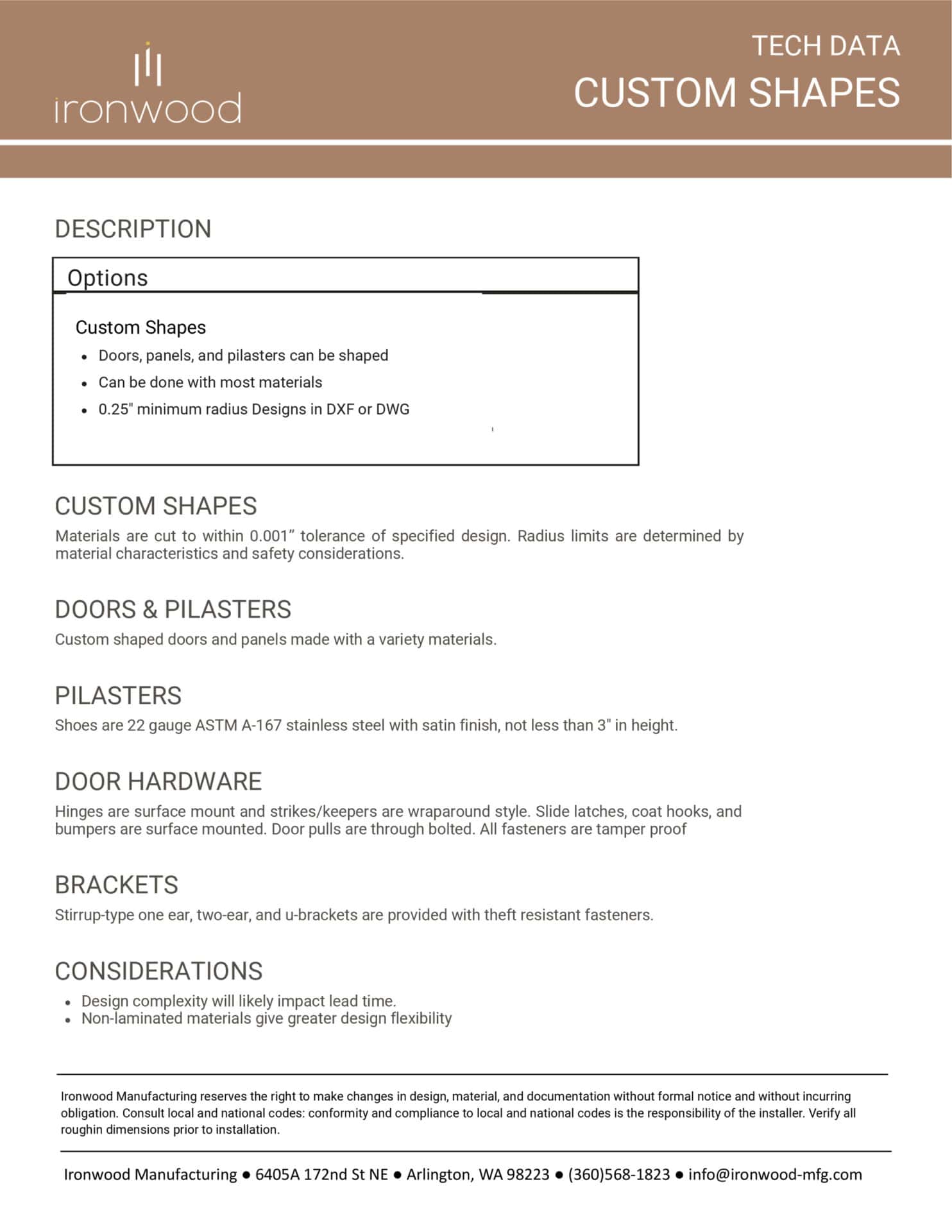 Technical data sheet from Ironwood Manufacturing detailing custom shape options for toilet partitions, enabling unique restroom designs.